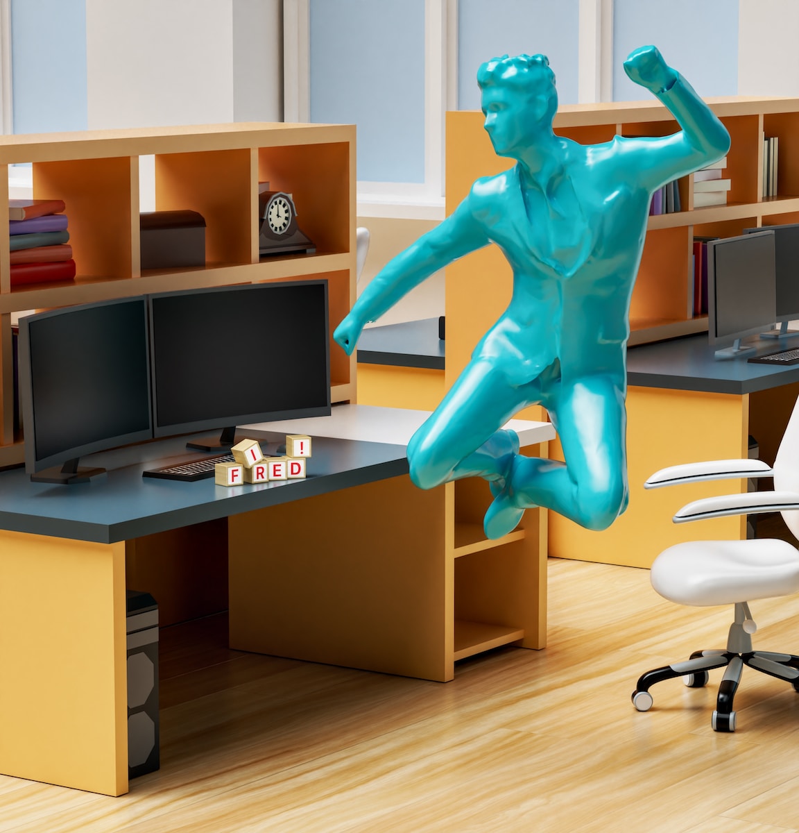 a statue of a man in the middle of an office